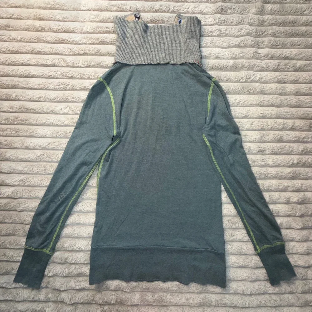 Free People Teal Blue Mixed Media Thermal Knit Top Boho Rose Button Womens Small